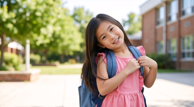 Smiling Asian schoolgirl with backpack standing outside school building. Happy young female student ready for class. Back to school concept