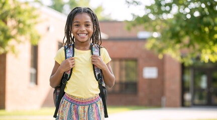 Fototapeta premium Smiling African American schoolgirl with backpack standing outside school building. Happy elementary student ready for class