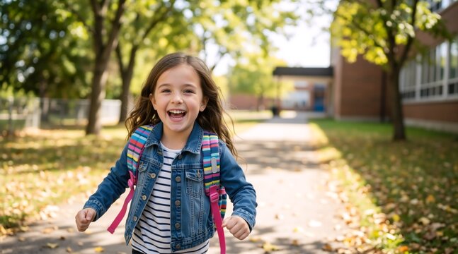 Cheerful little schoolgirl running outside the school building. Happy child with backpack going to classes on a sunny autumn day