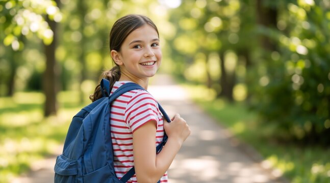 Happy schoolgirl with blue backpack looking back over shoulder. Smiling elementary student walking on path in green park