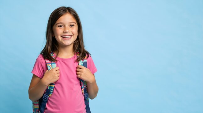 Smiling young schoolgirl with colorful backpack on blue background. Happy elementary student ready for school. Copy space for text