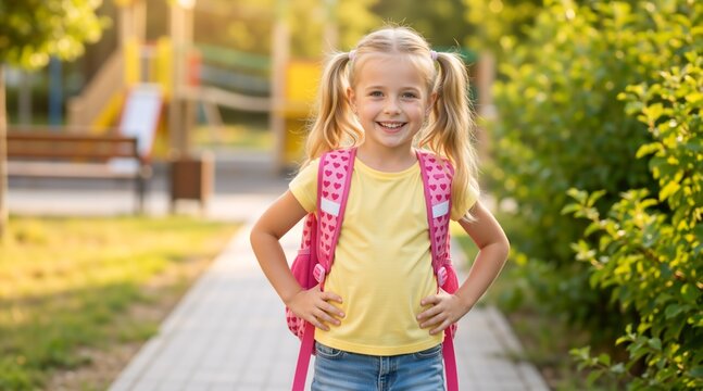 Smiling little blonde girl with pink backpack standing on path. Happy elementary student ready for school in sunny park