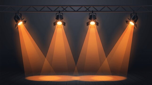 Four stage spotlights shining bright orange lights on dark floor