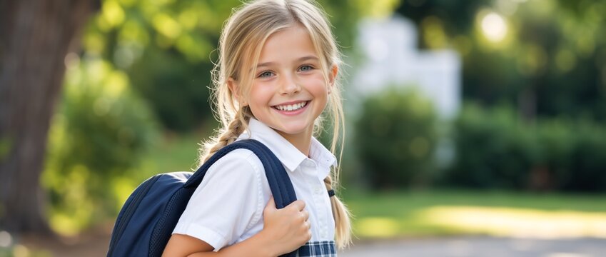 Portrait of smiling young girl with backpack outdoors. Happy blonde student in school uniform against blurred green background. Back to school concept