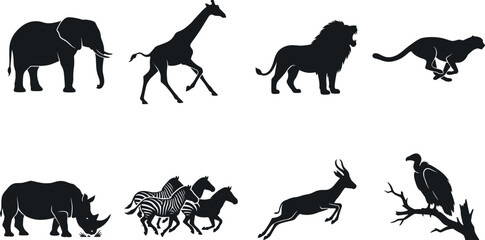 African safari wild animals silhouette collection set vector illustration black isolated on white background © MSTJOSNA