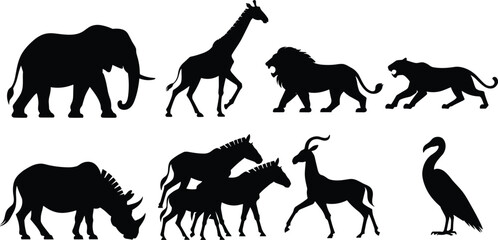 African safari wild animals silhouette collection set vector illustration black isolated on white background © MSTJOSNA
