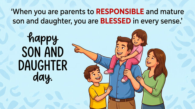 Happy family celebrating son and daughter day with loving parents
