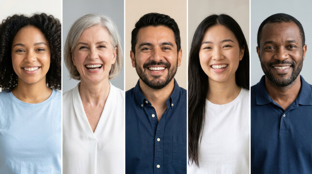 Diverse group of five smiling individuals with varying hairstyles and clothing, standing side by side against a neutral background