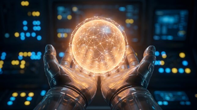 Robot hands holding glowing orb with network connections representing cutting edge technology and innovation