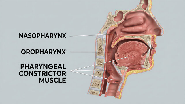 Intricate view of the human throat detailing the nasopharynx, oropharynx, and crucial pharyngeal constrictor muscle