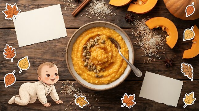 Baby crawling toward pumpkin porridge with rice and seeds on wooden