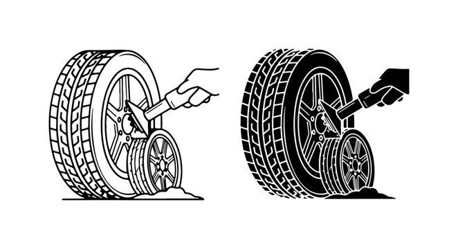 Flat Tire Repair, Car Wheel Maintenance, Automotive Service Icons, Vehicle Flat Tire