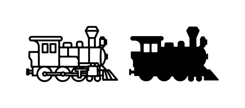 Steam Train Silhouette, Vintage Locomotive Outline, Transportation Icons, Black and White Vector Art