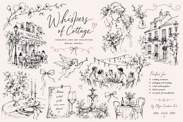 Obraz premium Whimsical Paris Café and Cottage Romance Sketch Collection – Vintage Hand Drawn Vector Illustrations with Couples, Café, Fountain and Floral Elements