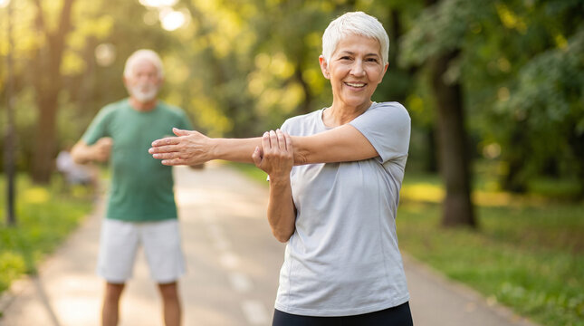 Senior woman stretches her arm while exercising outdoors in a park, with a man jogging in the background on a sunny day