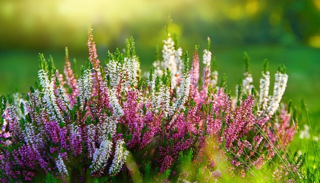 Violet And White Calluna Vulgaris Common Heather Ling Or Simply Heather On A Green Background Wild Meadow Illuminated By Soft Light Horticulture Natural Background Sunny Day Summer