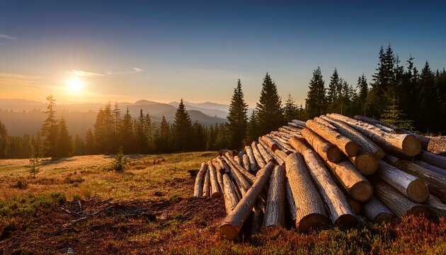 Tranquil Timber Landscape At Dawn With Piled Logs