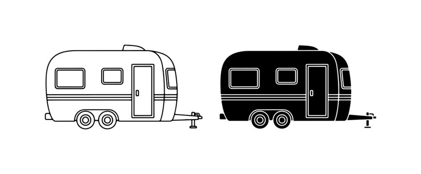 Retro Camper Van Icons, Vintage Travel Trailer Vector Graphics, Two Tone Caravan Silhouettes