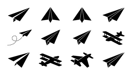 Paper Airplanes and Biplanes Vector Icons Set: Simple Black Flight Symbols for Travel and Dreams © Faisal