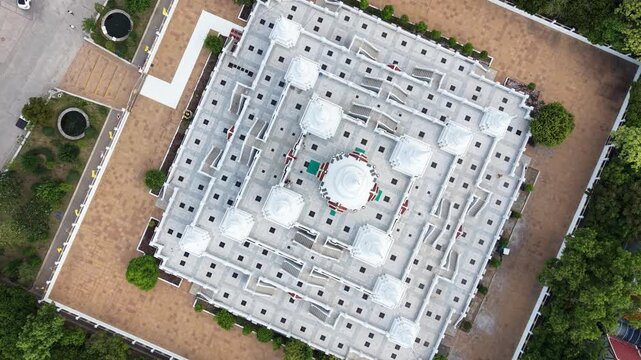 Wat Asokaram. Aerial drone footage of Phra Thutangkha Chedi at Wat Asokaram in Samut Prakan Thailand. Aerial view Thai landmark or travel destination for tourist who seeing Thai architecture culture.