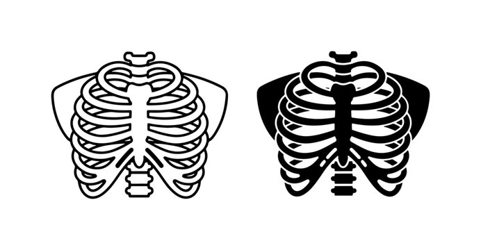 Human Rib Cage Vector Icons, Black and White Skeleton Anatomy Illustrations, Medical Science Graphic Elements