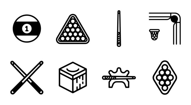 Billiard Icons Set: Pool Balls, Rack, Cues, Chalk, and Table Corner for Game Graphics