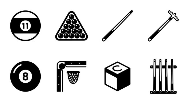 Billiard Icons Set: Pool Balls, Cues, Rack, Chalk, and Table Corner for Game Graphics