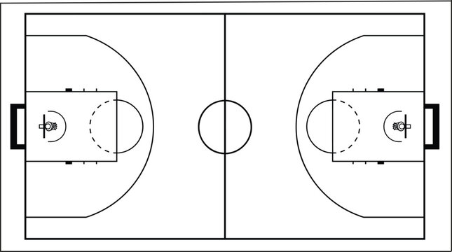 Professional basketball court floor plan black line blueprint sports field vector illustration isolated background template
