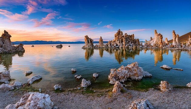 Mono Lake With Tufa Rock At Sunset In Mono County California Usa