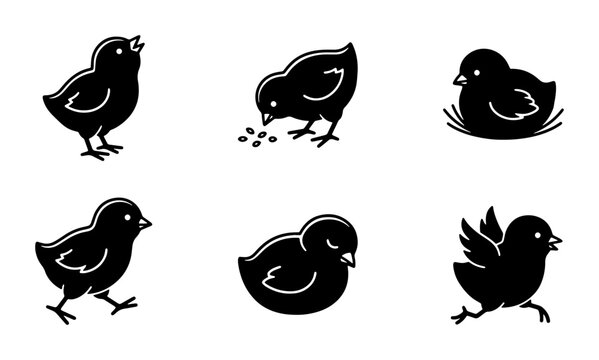 Charming Black Chick Icons Set, Cute Baby Bird Vector Graphics for Spring and Easter Designs