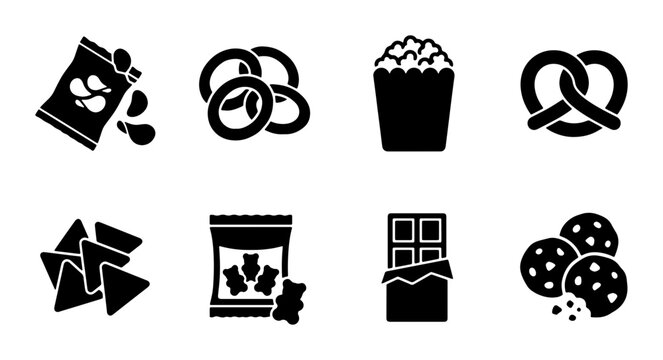 Snack Icons Set: Salty & Sweet Treats, Chips, Pretzels, Popcorn, Chocolate, Cookies, Gummy Bears, Vector Graphics