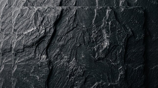 Textured black slate rock surface with intricate patterns and natural fissures, showcasing geological features and mineral deposits in a close-up view