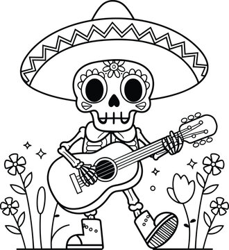 Cute skeleton playing guitar wearing a sombrero hat for day of the dead celebration