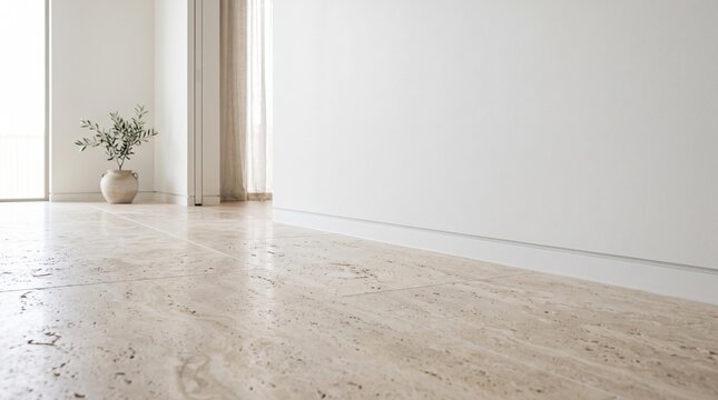 Modern interior design featuring light-colored marble flooring, a minimalist white wall, and a decorative plant in a ceramic pot near a sunlit window