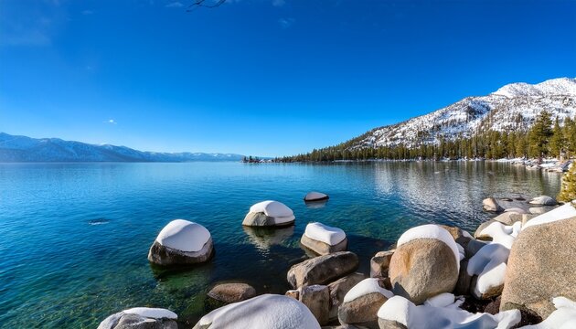 Image Of Lake Tahoe Nv Snowy Rocks And A Beautiful Cold Lake