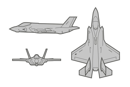 Drawings united states modern combat aeroplane F35. Different views of a fighter jet showing front, side, and top perspectives of the aircraft. Vector illustration.