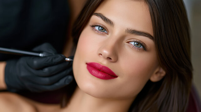 Lip makeup procedure close up in beauty salon for cosmetic treatment and aesthetic care
