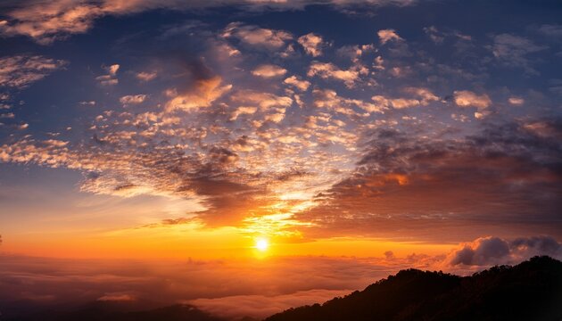 Background Panorama Scenic Of The Strong Sunrise With Silver Lining And Cloud On The Orange Sky