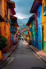 Fototapeta premium Vertical street scene in Colombia showcasing colorful buildings with vibrant hues of orange, blue, and yellow, leading to a distant mountain backdrop and bustling pedestrians