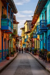 Fototapeta premium Colorful street scene in Colombia featuring vibrant buildings with balconies, cobblestone pathway, and pedestrians walking in a picturesque urban setting