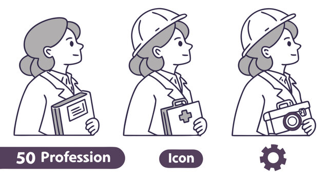 Three women in different professions holding various work items