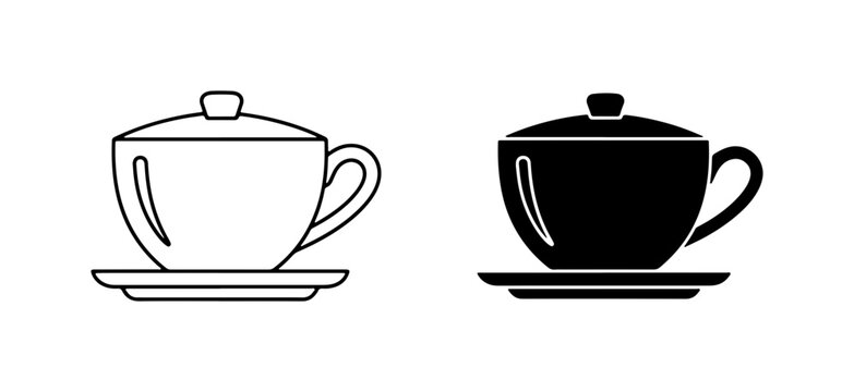 Tea Cup Icons, Black and White Ceramic Vessel, Beverage Service Set