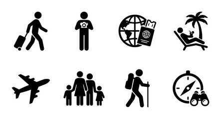 Travel Icons Set: Vacation, Adventure, Family, Globe, Passport, Airplane, Beach, Hiking, Compass © Farhana