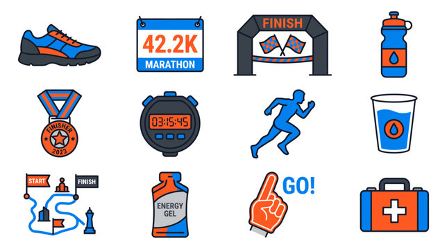 Marathon running icons set, flat vector race elements