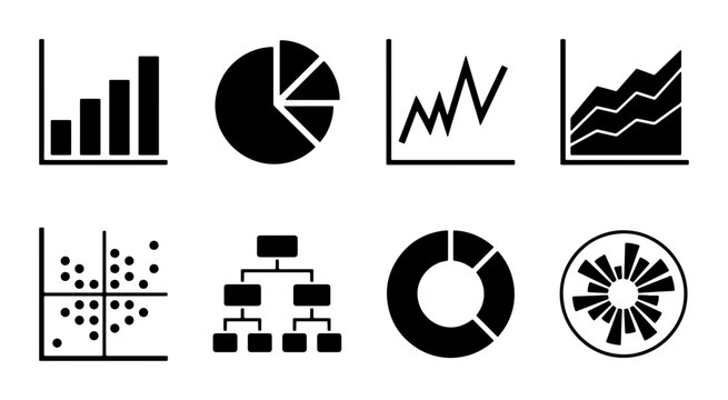 Data Visualization Icons: Bar Chart, Pie Chart, Line Graph, Scatter Plot, Hierarchy, Radial Chart