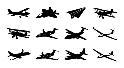 Diverse Aircraft Silhouettes Collection: Vintage Biplanes, Modern Jets, Gliders, Paper Airplanes © Khorshed