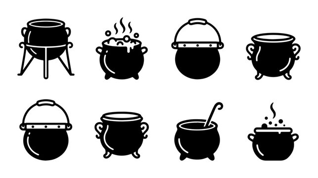 Witch Cauldron Icons Set, Magic Potion Pots, Halloween Brew Vessels, Black Vector Graphics