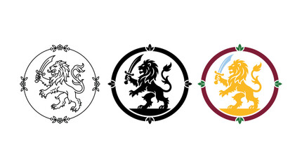 Three distinct circular vector graphic illustrations featuring a majestic lion holding a sharp curved sword © graphophonic