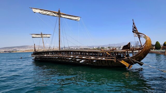 Photo of the trireme OLYMPIAS, a functional replica of a 5th-century BC Athenian warship, moored at Naval Traditional Park in Palaio Faliro.