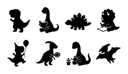 Cute Dinosaur Silhouettes Collection, 8 Vector Icons for Kids, Children's Party & Education Graphics © Sihab